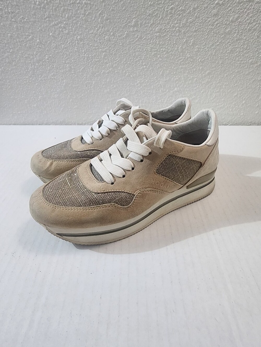 Hogan Donna Platform Sneakers Beige Suede Glitter Leather Women's US 6.5